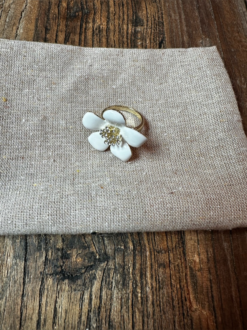 Gold Floral Ring with White Enamel Flower